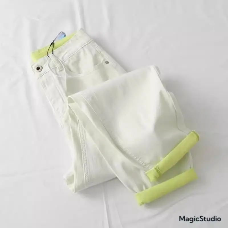 

Soft Dad Jeans High Waist Trousers Summer Collection Patchwork Color Cuffed Denim mid Stretch Nylon Fabric Other Occasions
