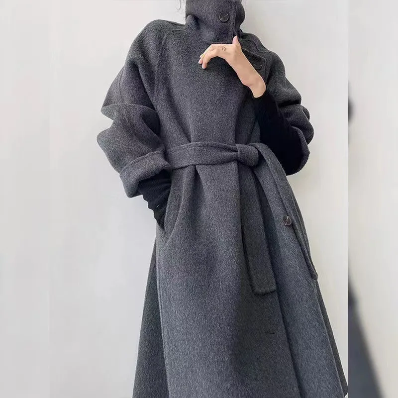 

Women dark grey black stand collar 100% woolen double sided coat long length loose soft warm outerwear overcoat autumn winter