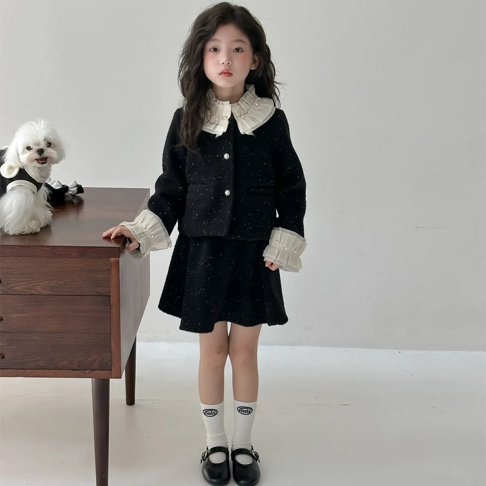 Winter Children Girl Clothes Set Cotton Padded Glitter Lace Collar Cuff Kid Girl Outerwear Solid Cotton 1-10Y Girls Skirt Outfit