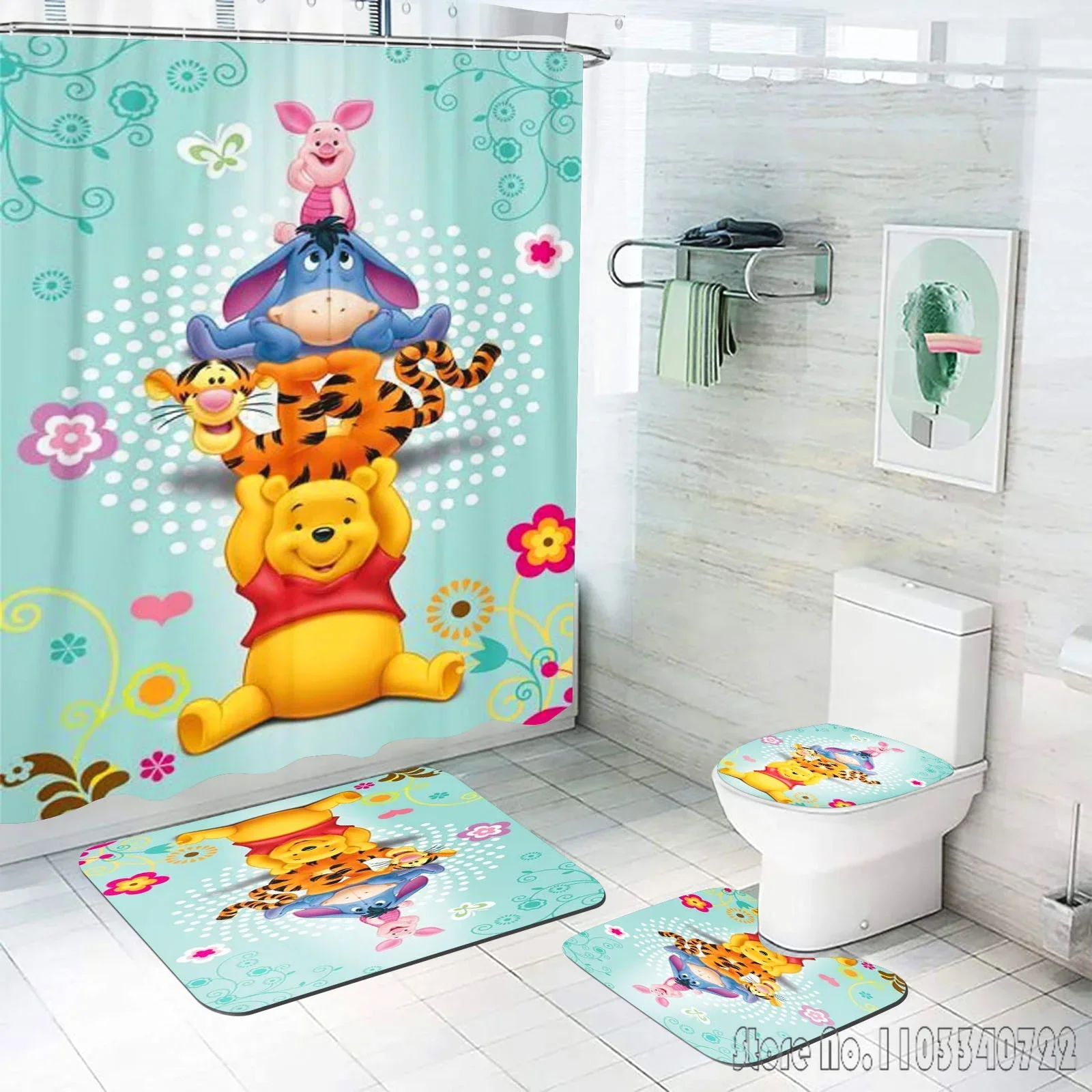 Winnie The Pooh Bathroom Accessories Sets Luxury 4 Piece Set Mats And Shower Curtain Curtains Decor For Home Anime