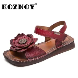 Koznoy 2cm sandali estivi gancio in vera pelle appartamenti etnici Appliques piattaforma floreale comode scarpe da donna oxford moda donna