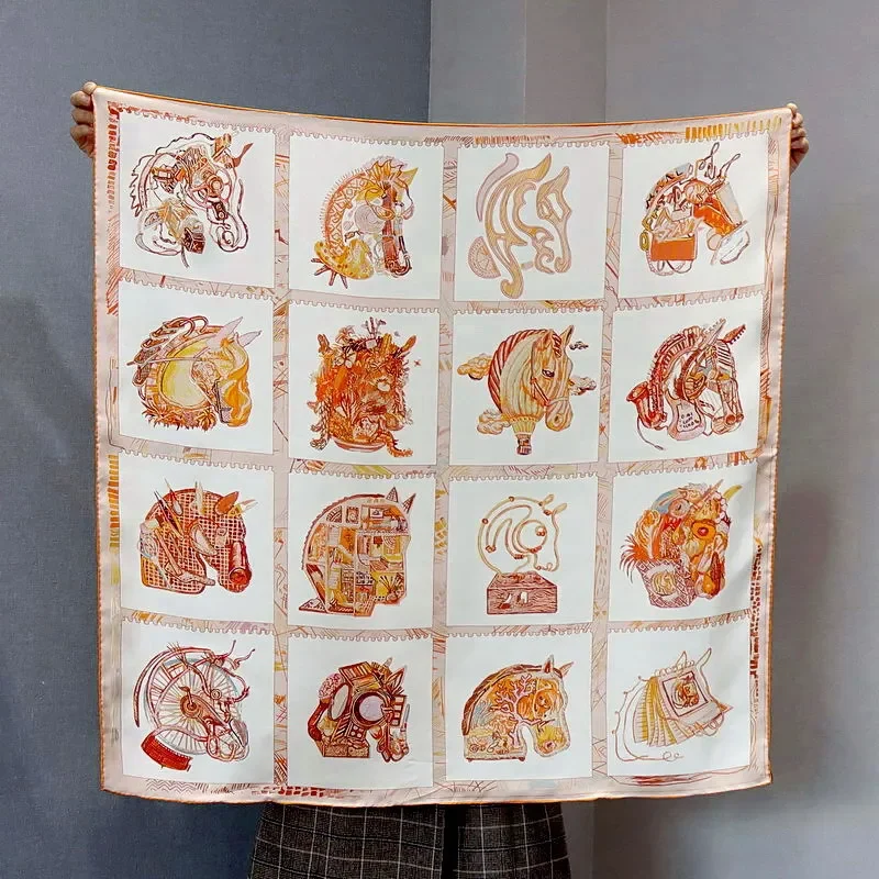 

High-end Elegant Women Beautiful Horse Prism Print Quality 14MM Twill Silk Hand-rolled Edge Versatile Large Square Scarf Shawl