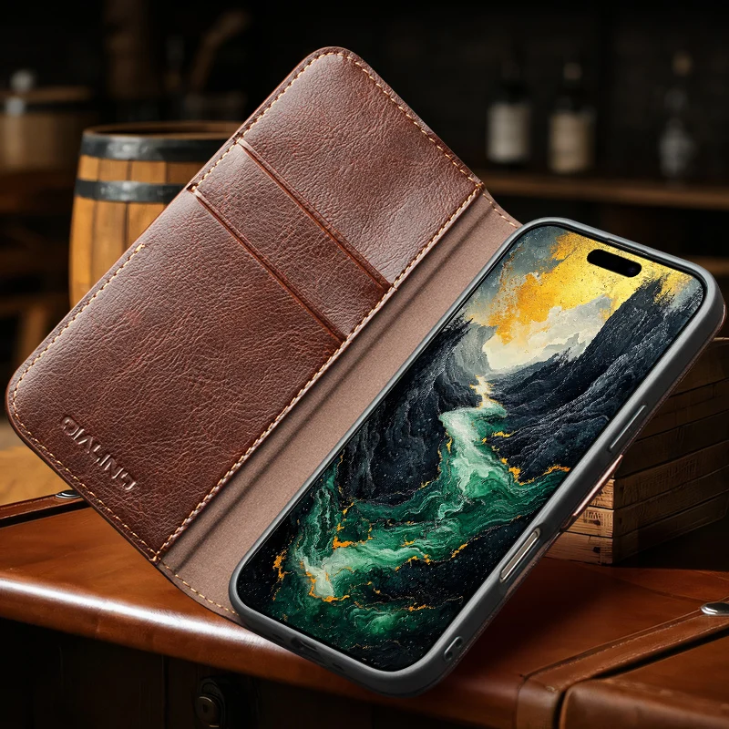 

QIALINO 103 Premium Genuine Leather PhoneCase for Apple Iphone 17 air 16 15 14 Plus Pro Max Natural Cowhide Wallet Cover