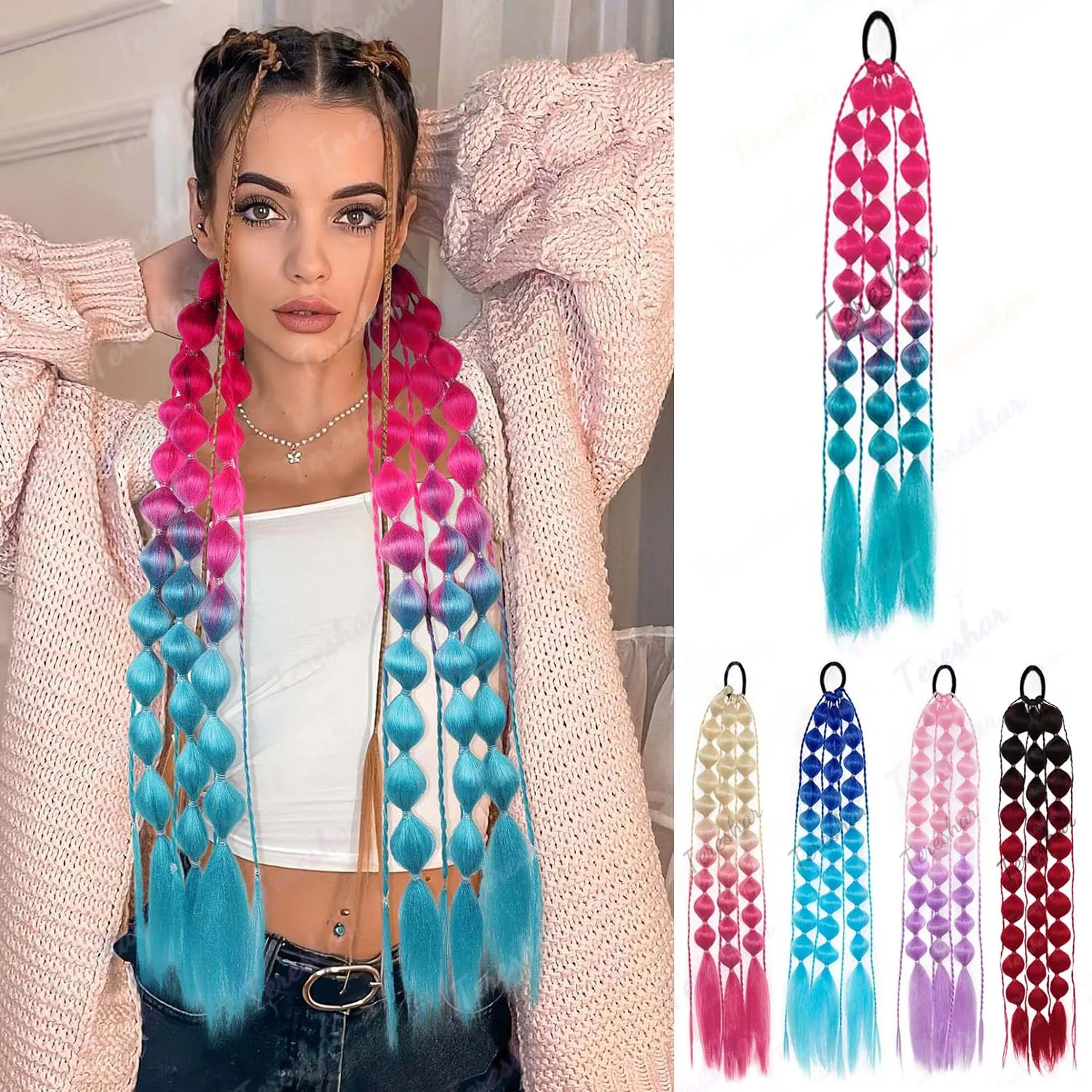 

Synthetic Colored Hair Extensions for Kids Bubble Ponytail Extension with Hair Tie, Ombre Crazy Hair Day Accessories for Girls