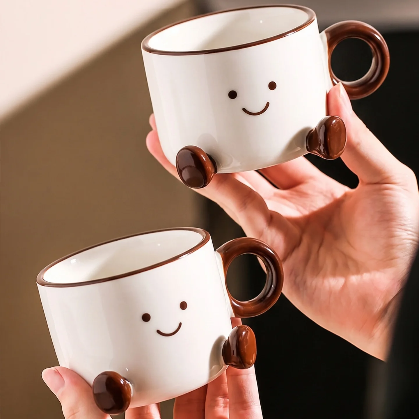 Cute Smiley Face Ceramic Coffee Mug with Saucer 3D Feet Tea Cup Set for Home Office Decor Birthday Gift