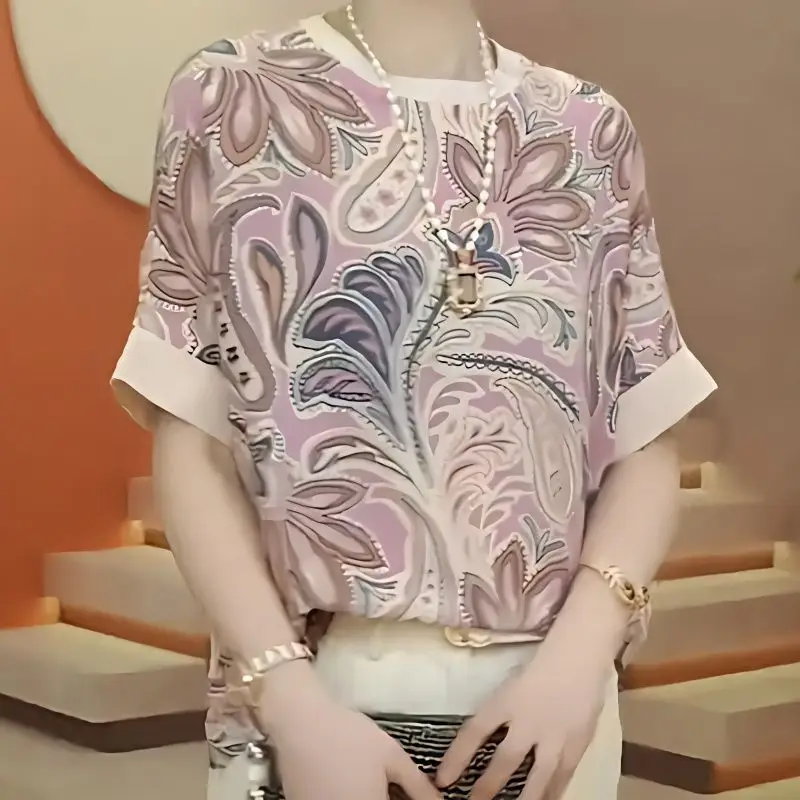 

Summer New Women's Round Neck Pullover Patchwork Geometric Printed Loose Comfortable Fashionable Chic Short Sleeve T-shirts Tops