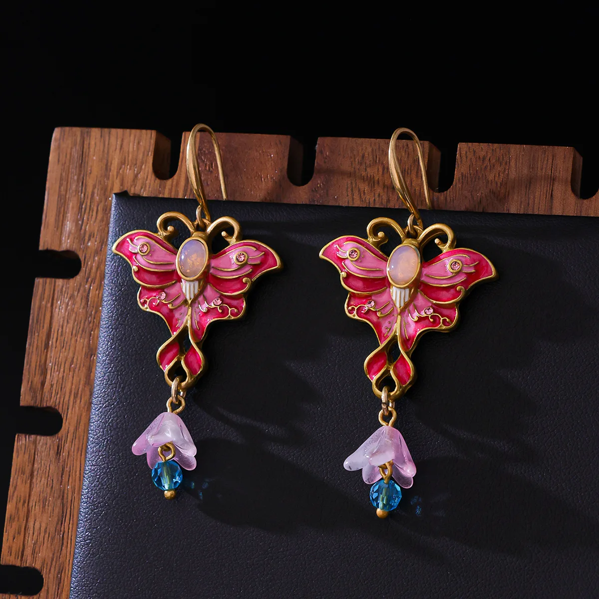 Medieval Vintage Pink Enamel Butterfly Fairy Style Natural Stone Sweet Water Drop Earrings Retro Style Flower Tassel Earrings