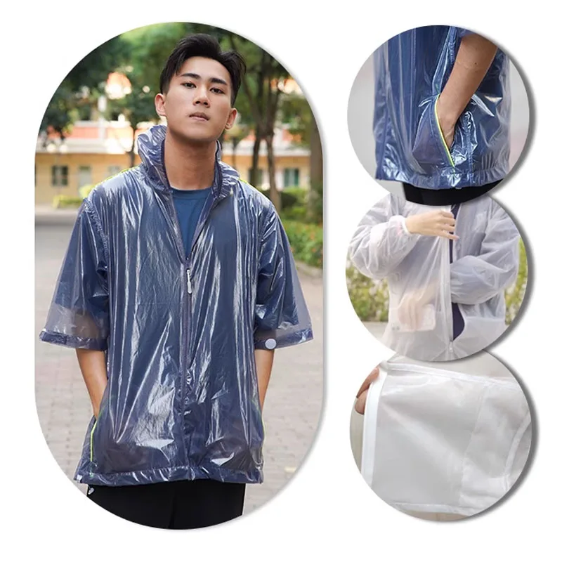 

Plus Size Fashion Transparent Man Boy's Short Sleeve Hooded Zipper Rainproof Waterproof Jacket Coat Biker Motobiker Raincoat