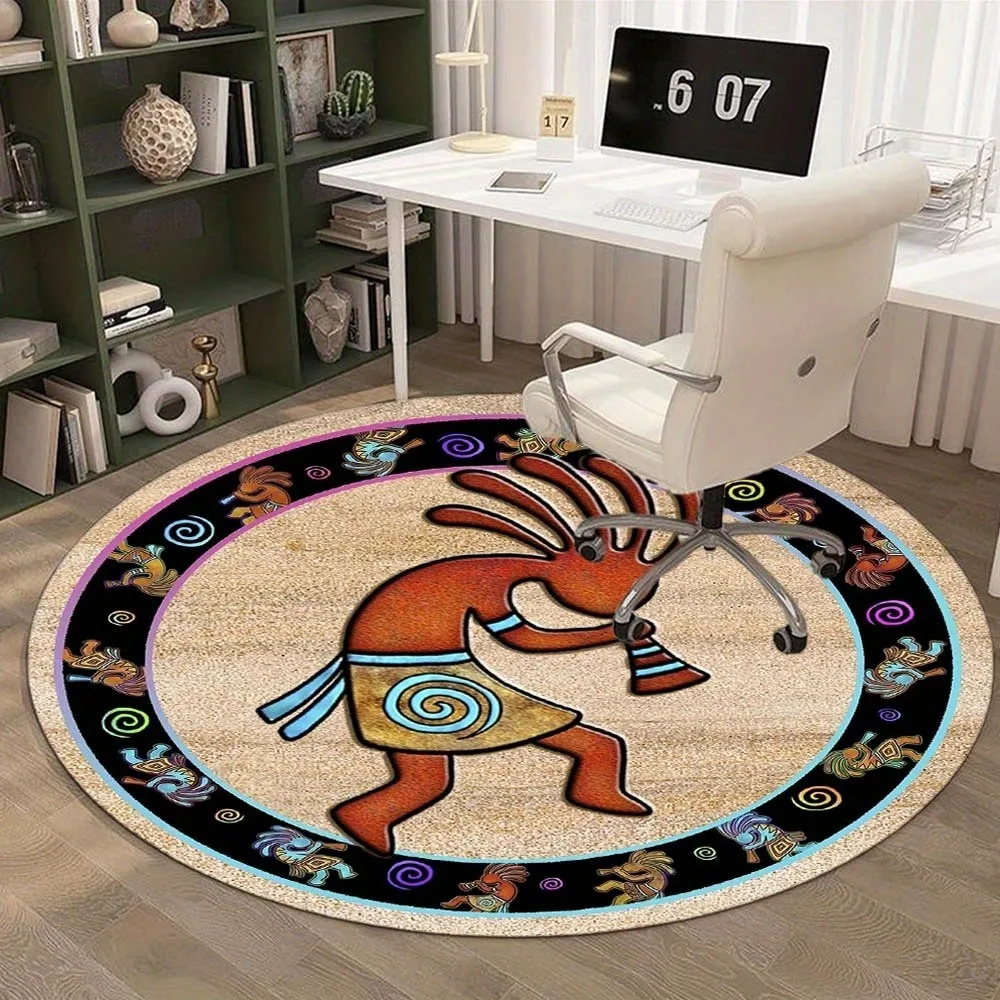 Retro Kokopelli Flute Player Round Area Rug, Vibrant Southwest Design Non-Slip Floor Mat, Decorative Carpet for Living Room