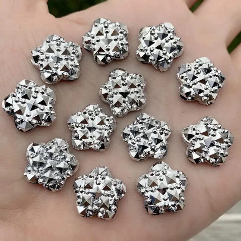 

30pcs/lot 16mm Silver Resin Flower with rhinestone flatback cabochon for DIY phone,wedding decoration -S395