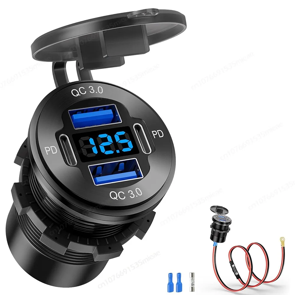 Prise USB 78W 12V à 4 ports, chargeur en aluminium avec double PD et double QC3.0, avec voltmètre, pour bateau, bus, camion, camping-car