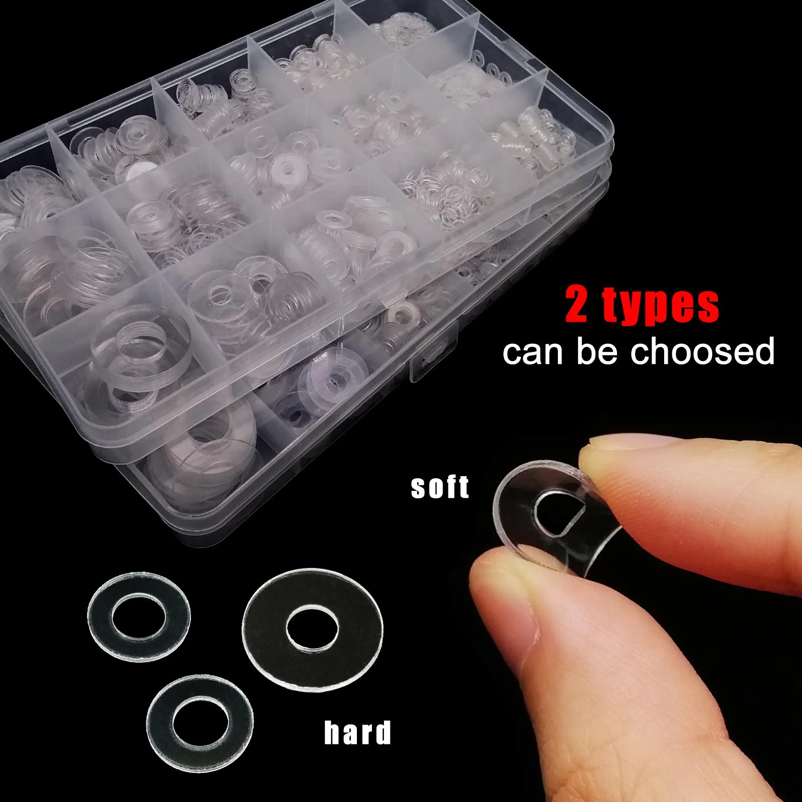 415/1085pc M2 M2,5 M3 M4 M5 M6 M8 M10 M12 Kunststoff PVC Transparent Klar flache Unterlegscheibe Isolierte Dichtung Ring Sortiment Kit Set Box