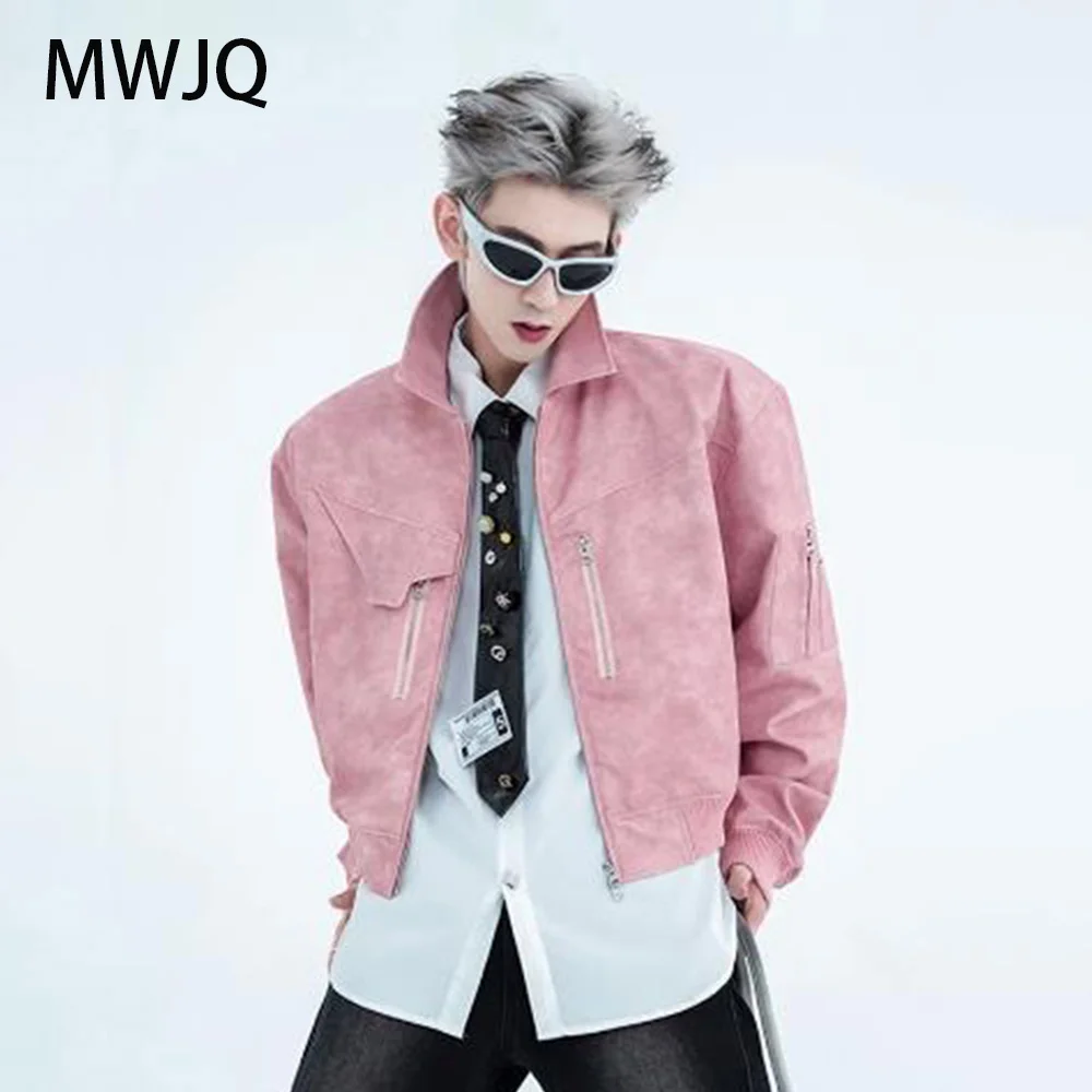 

MWJQ Pink Color Retro Motorcycle PU Leather Jacket 2025 Spring High Street American New Distress Stand Collar Tide Tops 010131