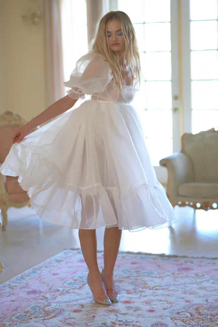Xijun Simple White Prom Dresses Short Tea Length Puff Sleeves Evening Dresses Prom Gowns A-Line Party Dresses Princess 2023