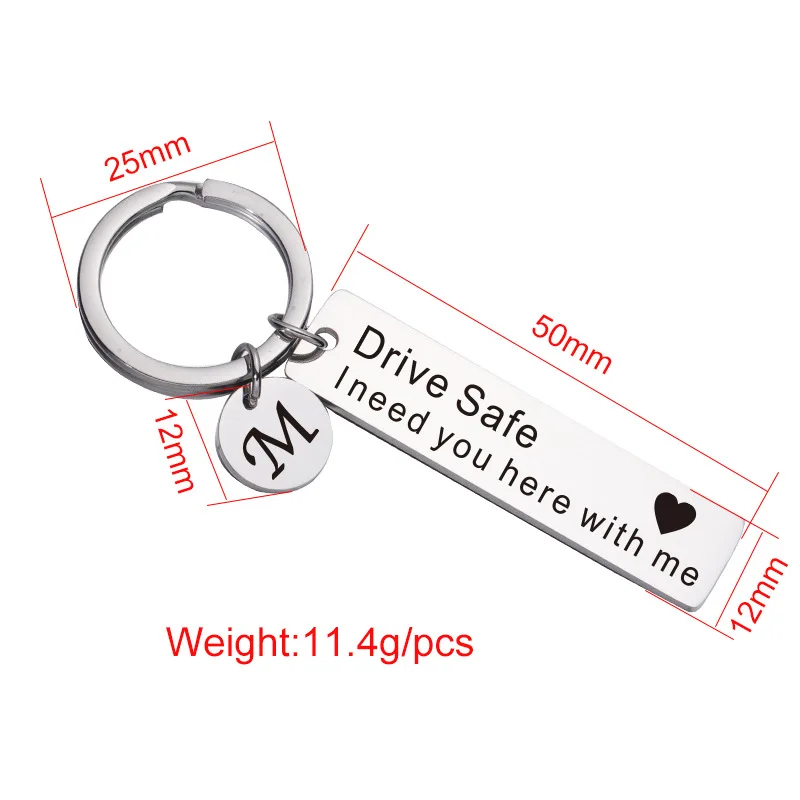 2pcs/lot Drive Safe Keychain Stainless Steel Rectangle Bar Keychian With Letter M Initials Customized Gift Keyring