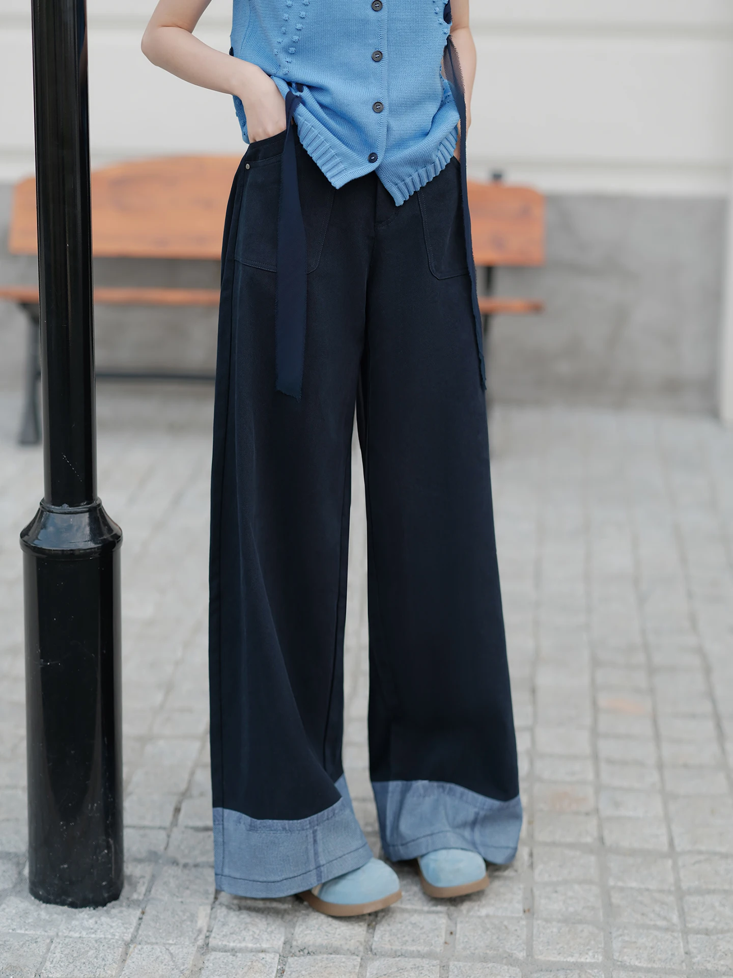 

Женские джинсы с высокой талией и широкими штанинами, летний дизайн, струящиеся брюки в пол, универсальные, с вставками, из дышащего хлопка