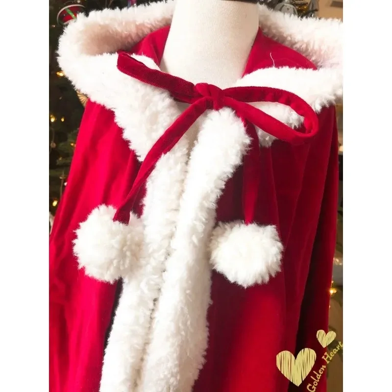 New Year Cloak Christmas Party Outfits Xmas Velvet Hooded Cape Little Red Hat Ancient Chinese COS Outfits Girls Kids Children