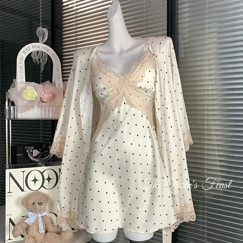 Nightgown Women's Summer Sleepwear New Lace Polka Dot Nightgown Korean Version Student Home Wear Two-Piece Set