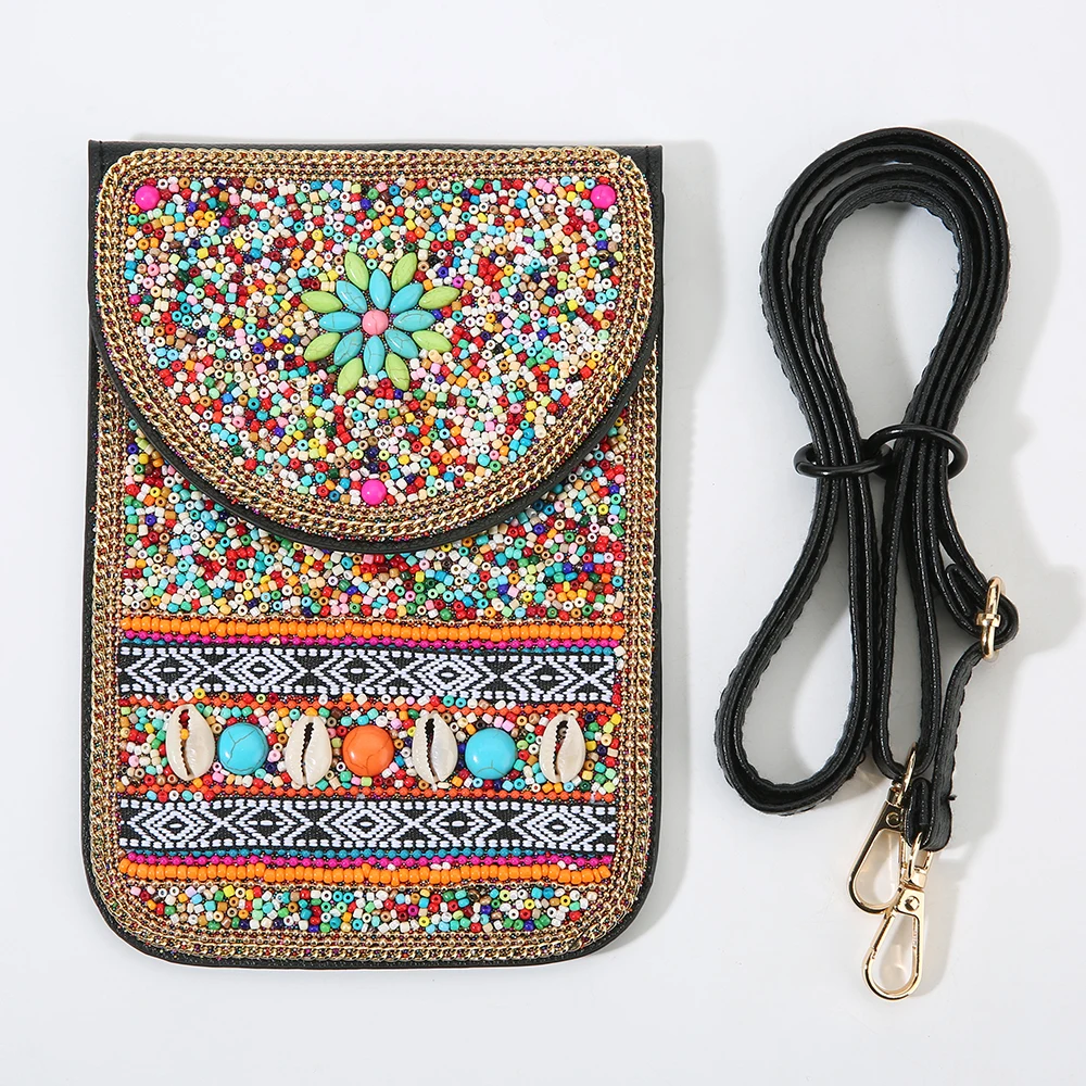 2026 جديد زهرة على شكل اليدوية مطرز حقيبة الهاتف المرأة العرقية بوهو Crossbody الحقيبة الجلدية الرجعية الملونة الأزهار المحمول محفظة