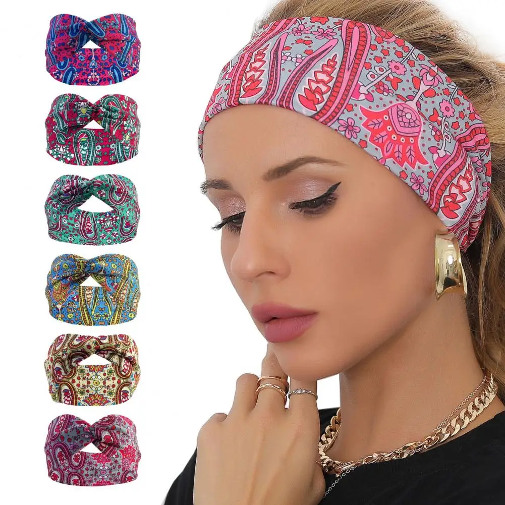 Yoga Headband Cross Knot High Elastic Bohemia Printing Turban Headwrap Elastic Hair Bands Makeup Hair Hoop Vintag Sweatband