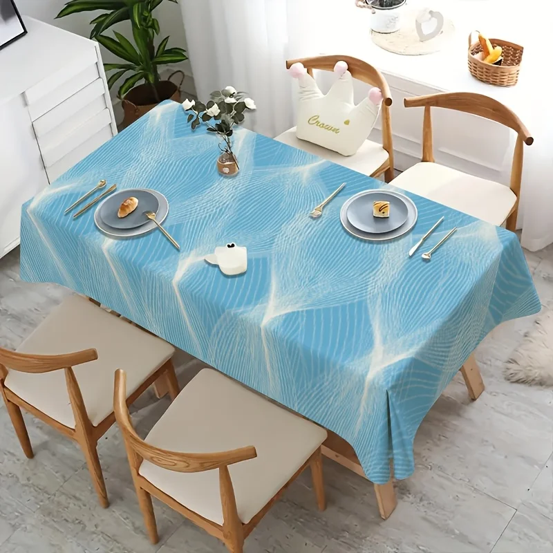 Bright Blue Wavy Line Tablecloth, Modern Abstract White Wavy Stripe Print Rectangular Table Cover for Dining Kitchen Home Decor
