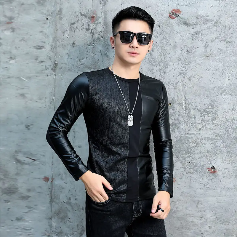 Idopy Men`s Faux Leather Patchwork T-Shirts Long Korean Casual Gothic Punk Black Tees For Male Plus Size M-4XL