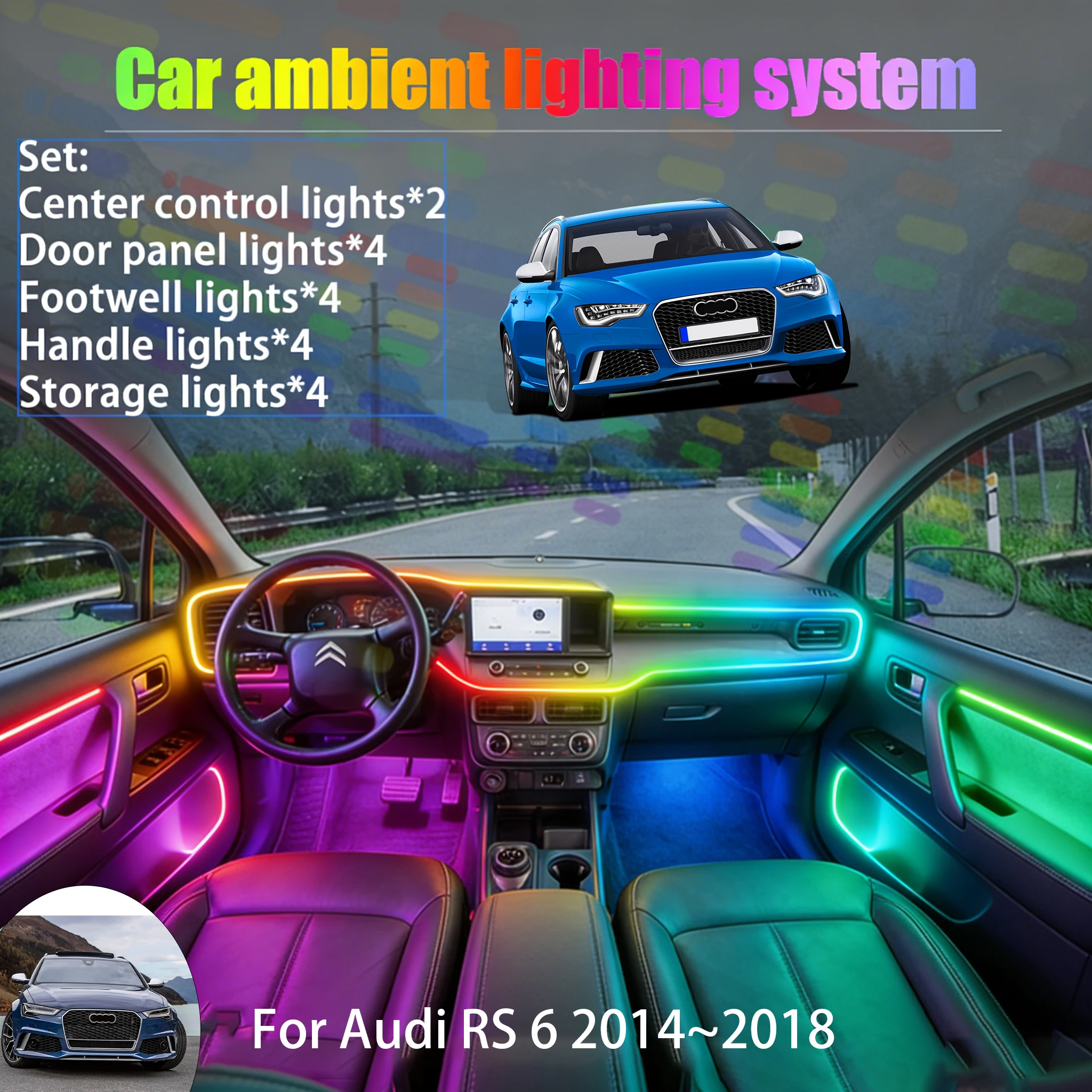 

Для Audi RS 6 2014~2018 MK3 2/18: Комплект светодиодной подсветки салона и багажника (USB RGB) с эффектом потока, аксессуары