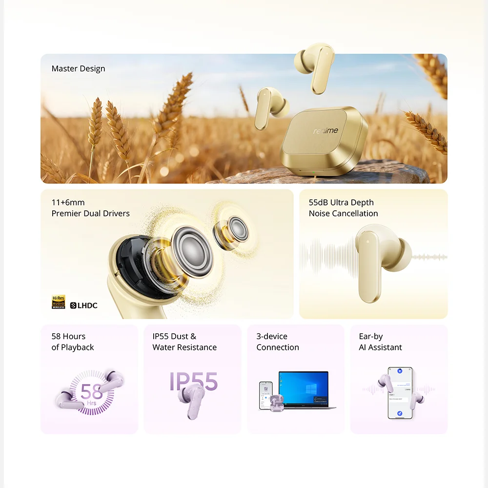 글로벌 버전 realme Buds Air 8 55dB 초강력 노이즈 캔슬링 트루 무선 이어폰 블루투스 5.4 이어버드 LHDC 5.0 IP55