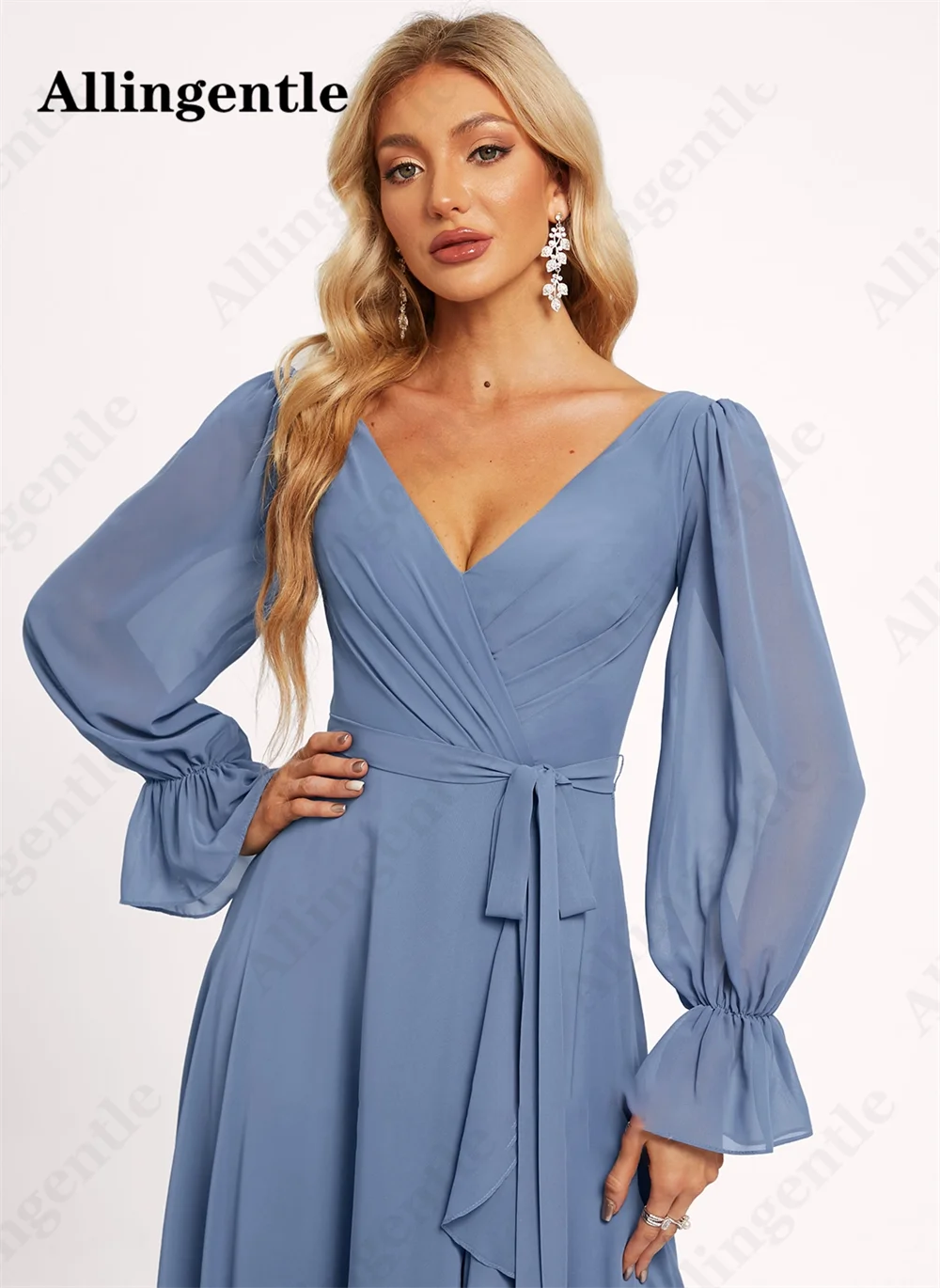 Allingentle Elegant V-Neck Bridesmaid Dresses for Wedding Full Sleeve Chiffon A-Line Evening Gown with Ruffles Slit Floor Length