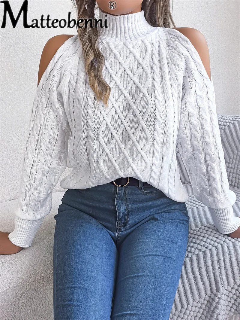 Women Elegant Half High Neck Pullover Jumper College Style Rhombus Sweater Autumn Winter Casual off Shoulder Knitwear Streetwear