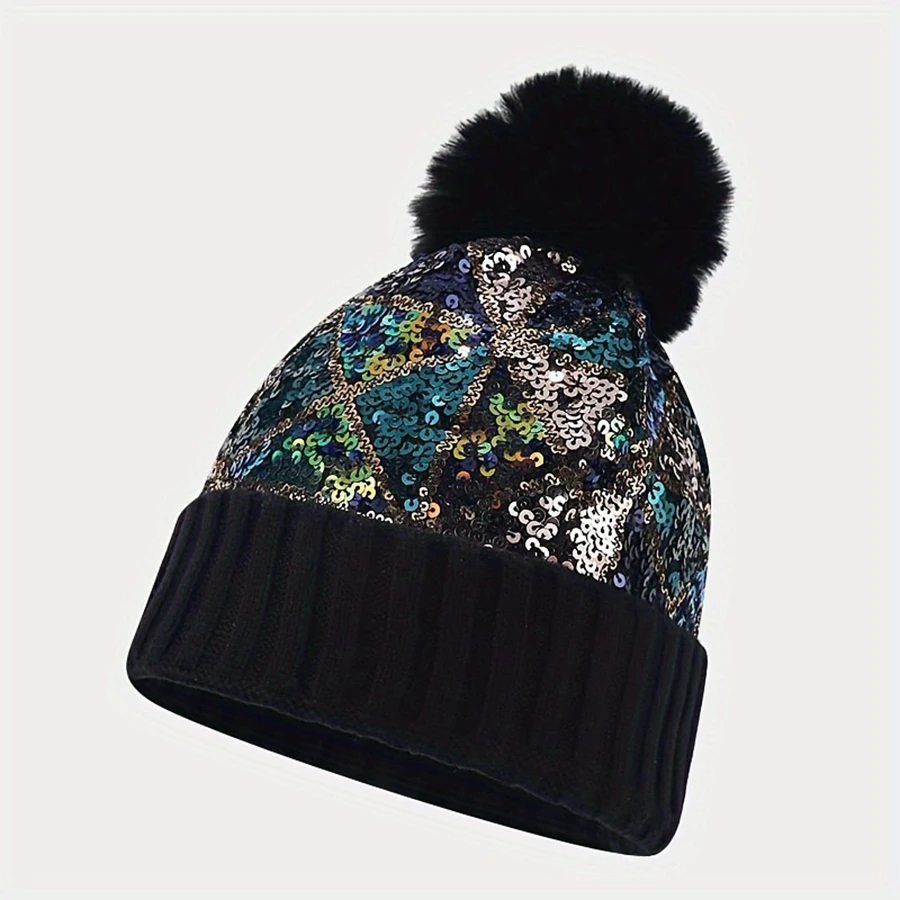 Colorful sequin knitted hat for women in autumn and winter, versatile on the streets, thickened warm fur ball, ear protection, a