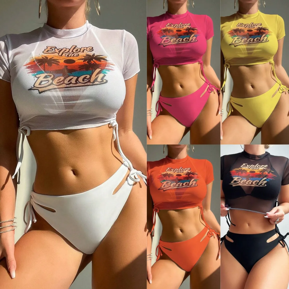 

Women New Three Piece Set Bikini Mesh Letter Printing Top Holiday Three-piece Sexy Bikini Suit Beach