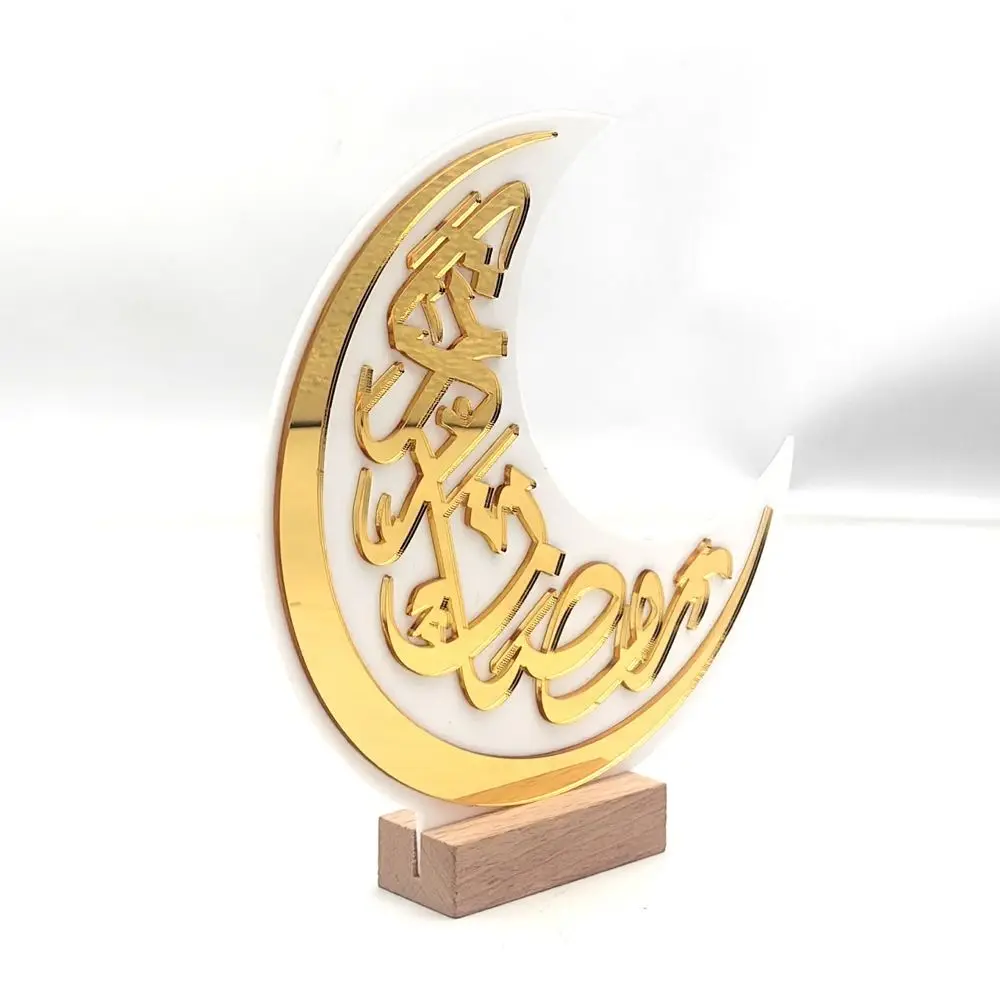 with Wooden Base EID Mubarak Acrylic Pendant Exquisite Handmade Ramadan Kareem Ornaments Moon Shape Mubarak Desktop Ornaments