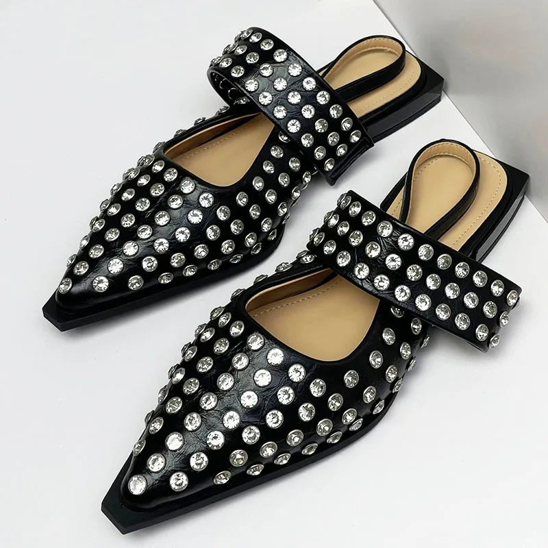 Fashion Rhinestones Flats Ladies Sandals Shoes Female Pointed Toe Luxury Crystal Footwear Women Flats Sandals Shoes Big Size 43