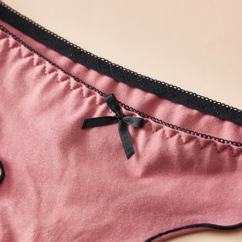 Tanga de algodão feminina 4 peças, roupa íntima confortável respirável com costas em T, laço de malha de cintura baixa, cor sólida, roupa diária fofa e sexy