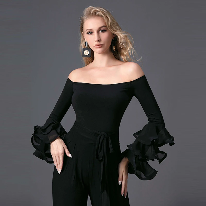 

New Off-Shoulder Latin Dance Bodysuit Black Ruffle Sleeve Rumba Samba Dancing Performance Costume Women Practice Clothes YS5316