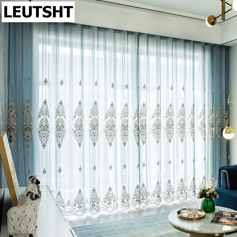 

2023 new European-style Curtains for Living Dining Room Bedroom Blue brown Color Embroidered Window Screen Tulle Curtains Home