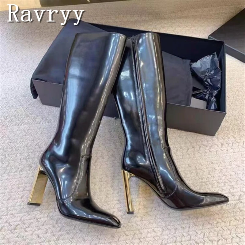 

Black Leather Golden High Heel Long Boots Women Winter New Square Toe Side Zipper Knee High Boots Fashion Party Dress Shoes