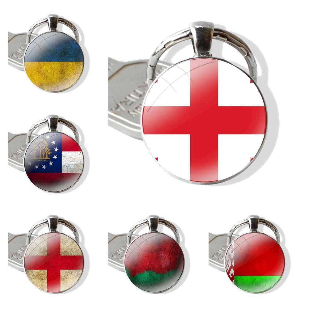 Keychain Handmade Glass Cabochon Key Ring Holder Pendant Key Chains Flag Georgia lithuania belarus