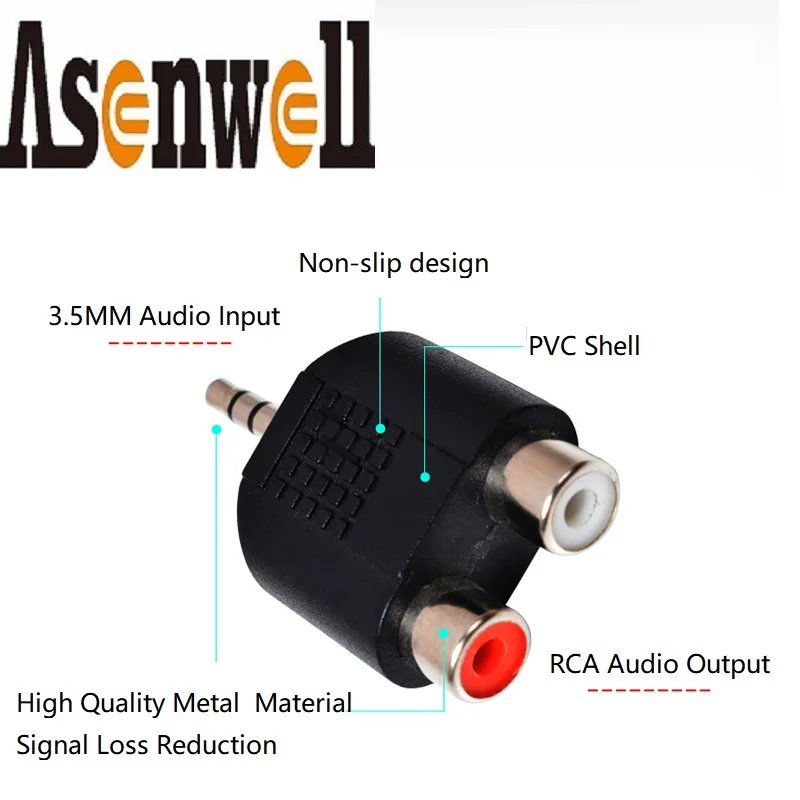 Asenwell barato conversor de áudio estéreo 3.5mm macho para rca fêmea conversor aux para l/r 2ch jack amplificador de áudio para fone de ouvido do telefone