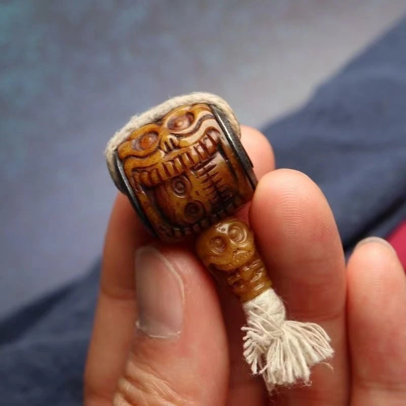 Tibetan large-sized old yak bone carved three-way Buddha bead bracelet accessory
