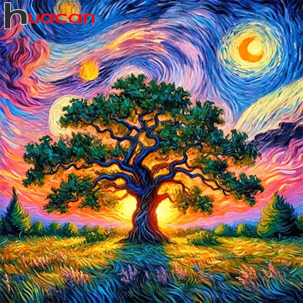 Huacan Vollquadrat Rundes Diamantgemälde Baum Sonnenuntergang Diamant Mosaik Landschaftskunst Dekorative Gemälde