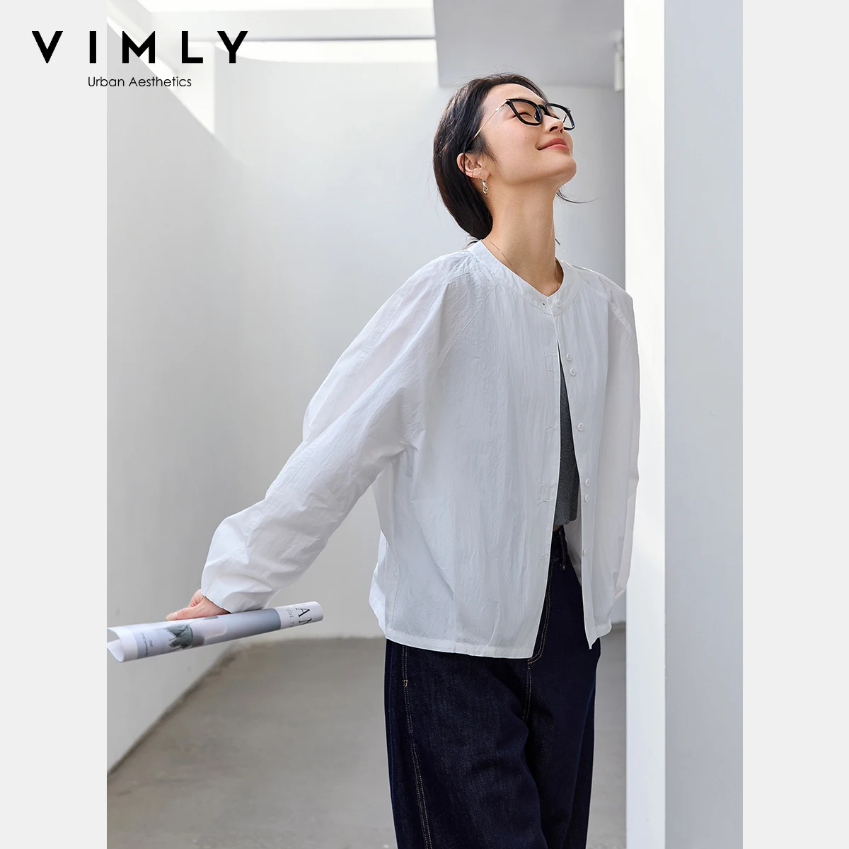 

VIMLY Women's Clothing Single Breasted Loose Long Sleeve Lapel Top 2025 Spring New Commuter Versatile Blouse A0186
