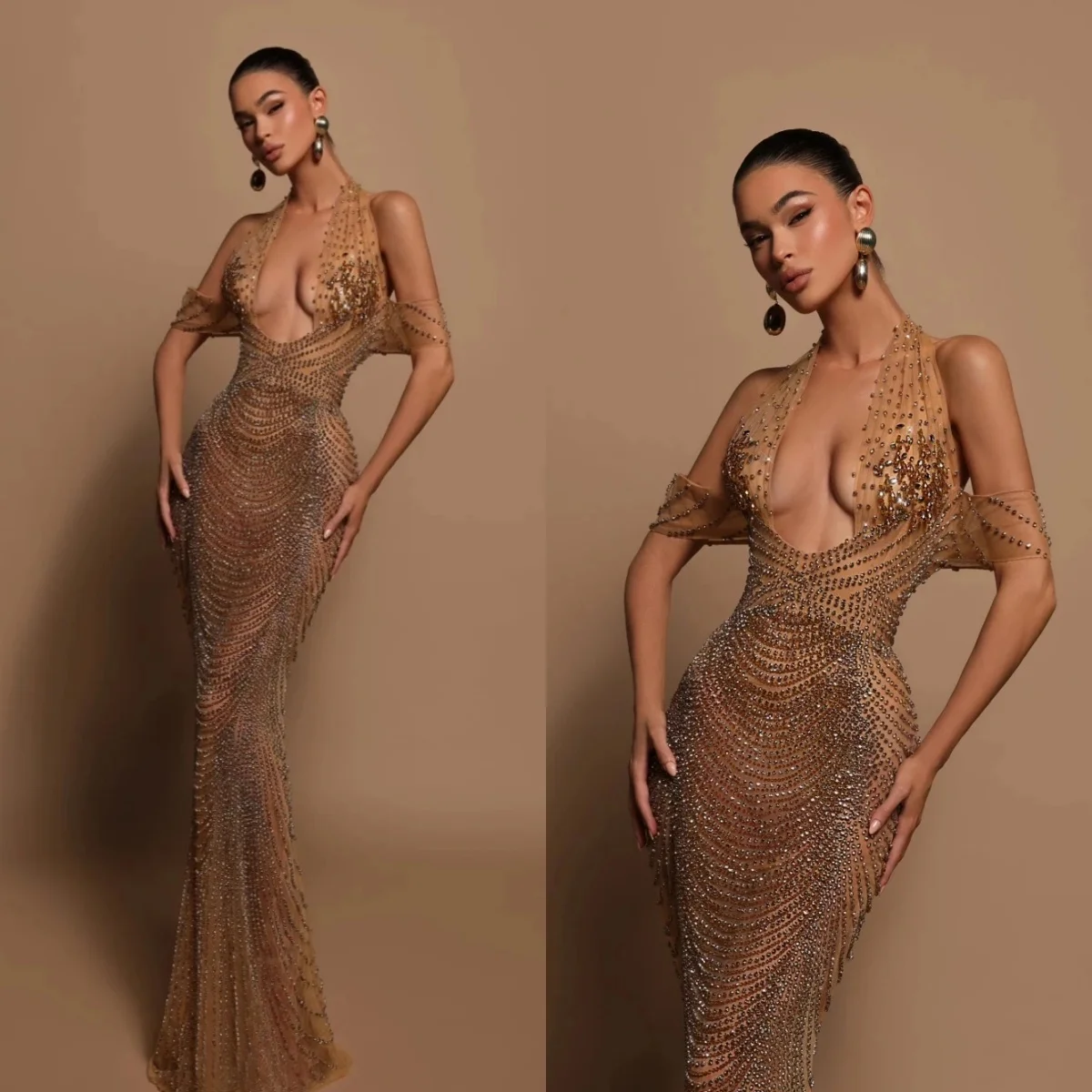 

Luxury Halter Beading Evening Dresses Sexy Crystal Beaded Mermaid Prom Dress Customized Floor Length See Through Party Gown