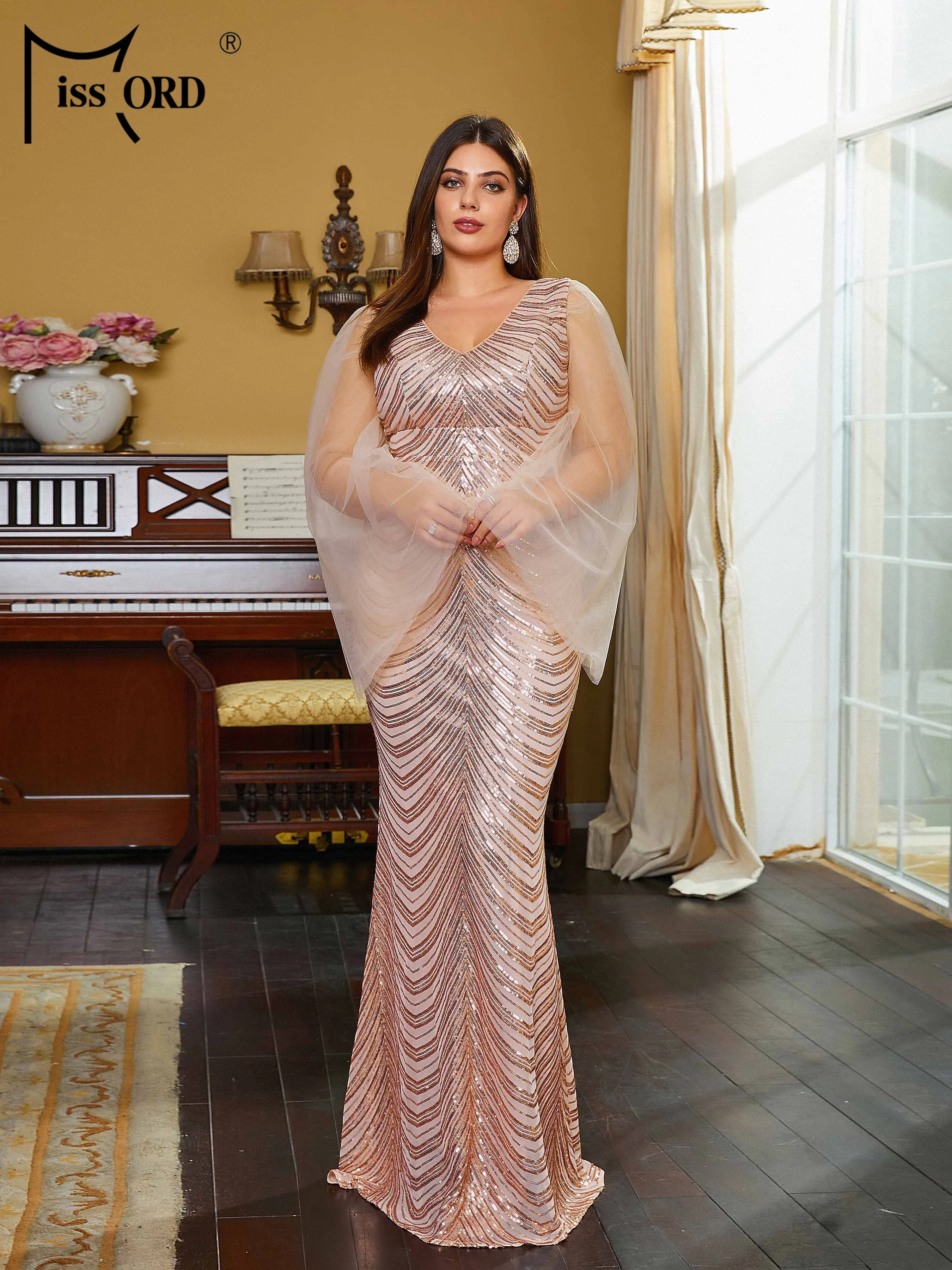 Missord New Plus Size V Neck Apricot Mesh Sleeve Sequin Mermaid Evening Floor Length Dress