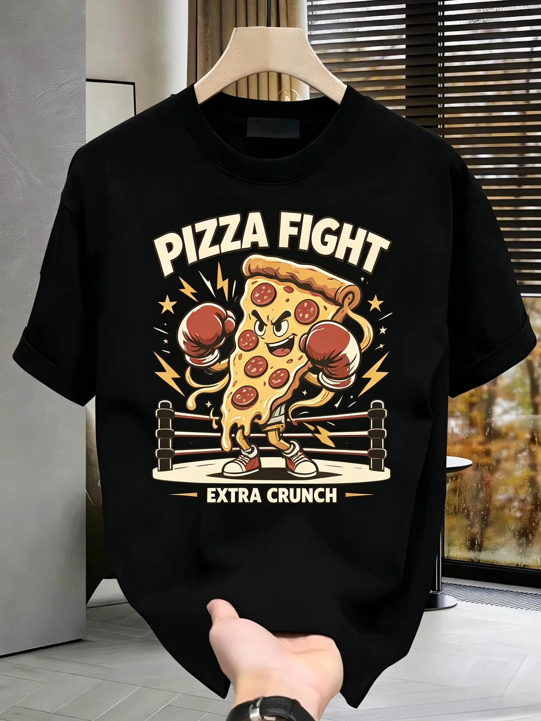 Unisex PIZZA FIGHT Boxing Pizza Cartoon Graphic T Shirt Men Women Funny Food Retro Short Sleeve Black Casual Tee