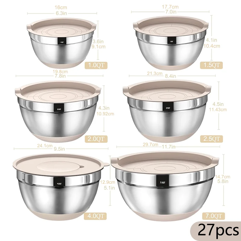 مجموعة أوعية خلط من الفولاذ المقاوم للصدأ مكونة من 27 قطعة | أساسيات المطبخ الممتازة للخلط والخدمة - مرفق مبشرة غير قابل للانزلاق، مانع للانزلاق #4