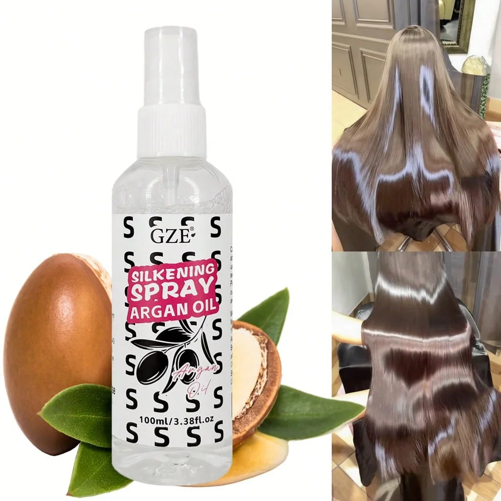 GZE Argan Oil Hair Silkening Spray - 10-in-1 Heat Protectant, Anti-Frizz & Shine Spray for Dry/Damaged Hair, With Moroccan Oil