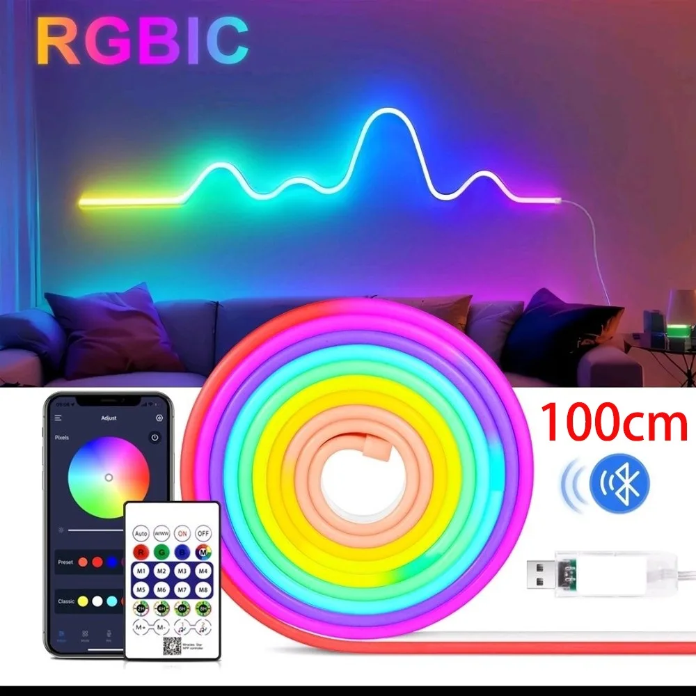 60/100/200cm RGB Neon LED Rope Lights Waterproof Control Colorful Flexible Light Strip Home Decor