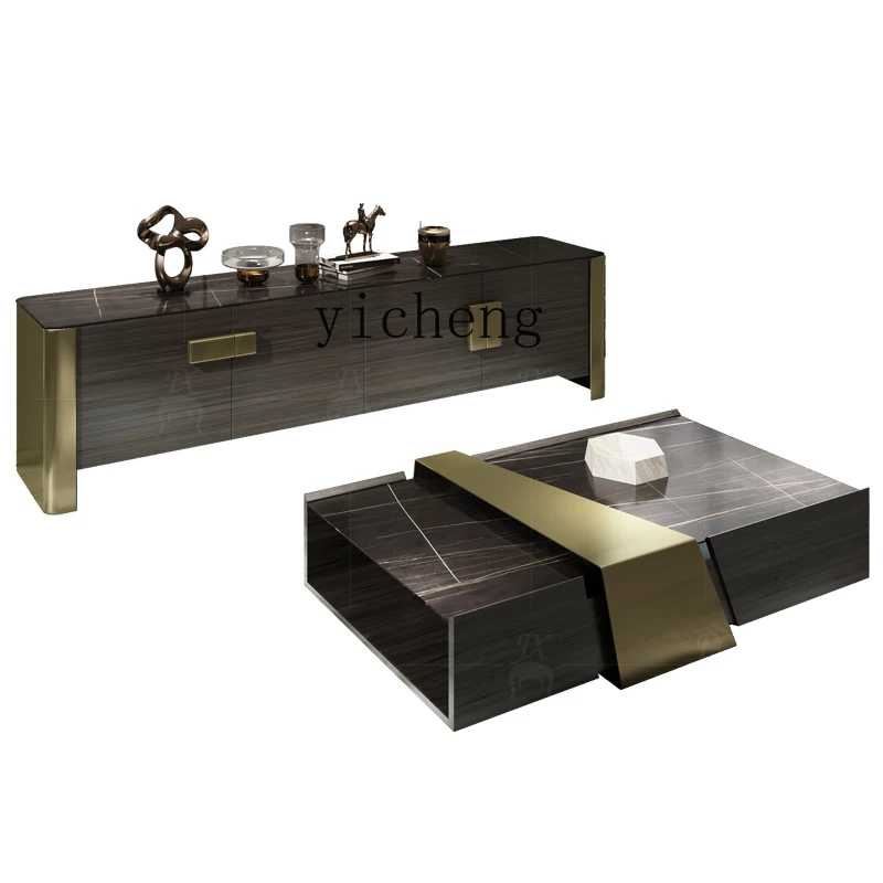 

Tqh Light Luxury TV Cabinet and Tea Table Combination Modern Villa Living Room Stone Plate Bedroom Locker